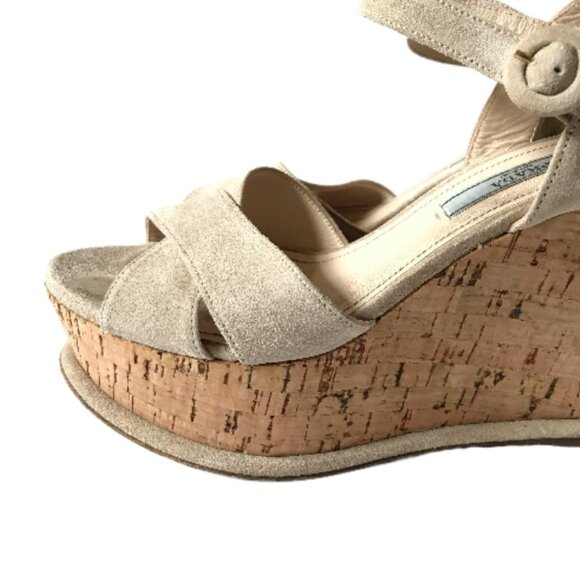 Prada Suede Cork Wedge Pomice Heels Sandals Womens 37 7 Cream Ecru Platform Shoe - Picture 8 of 11